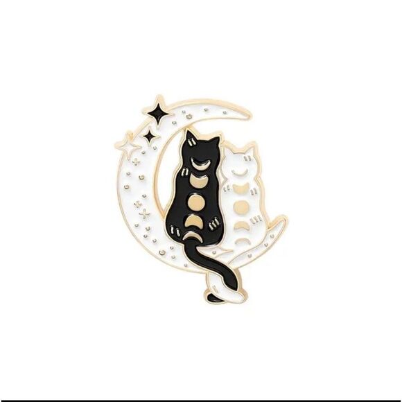 BLACK and white cats sitting on crescent moon enamel lapel pin brooch - Picture 1 of 2